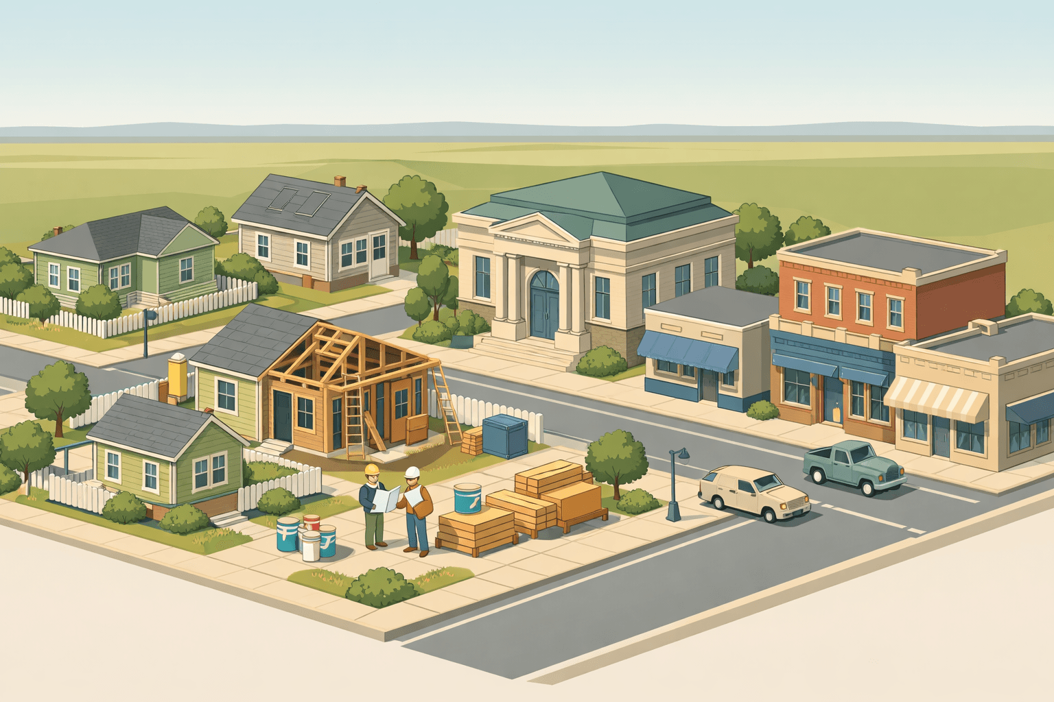 Isometric view of a Great Plains neighborhood with homes under renovation, a regional bank, and small figures working on a construction site.