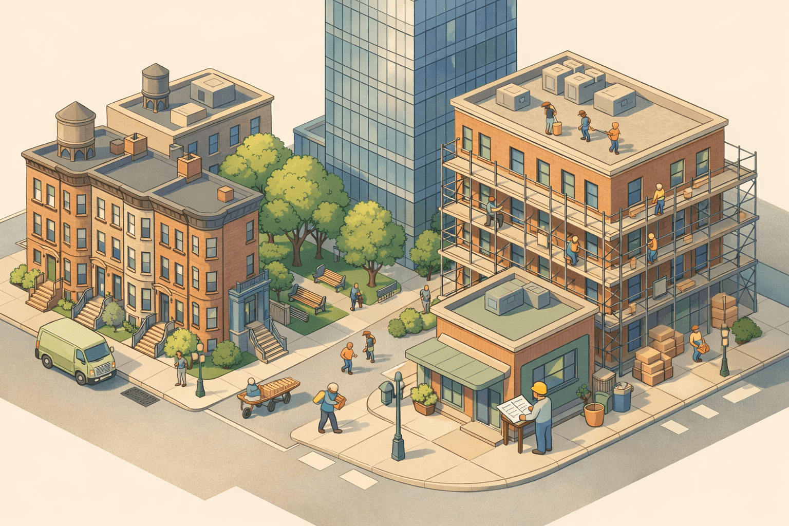 Isometric city block in the Northeast showing brownstones, a renovated brick building with scaffolding, and small figures working on a real estate project.