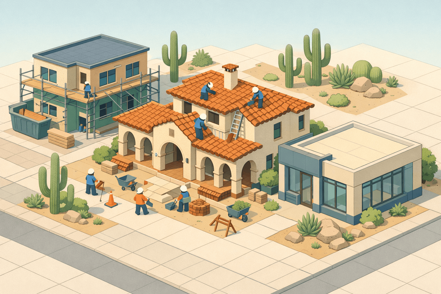Isometric scene of a Tucson neighborhood with a Spanish-style building under renovation, desert landscaping, and a nearby lending office.