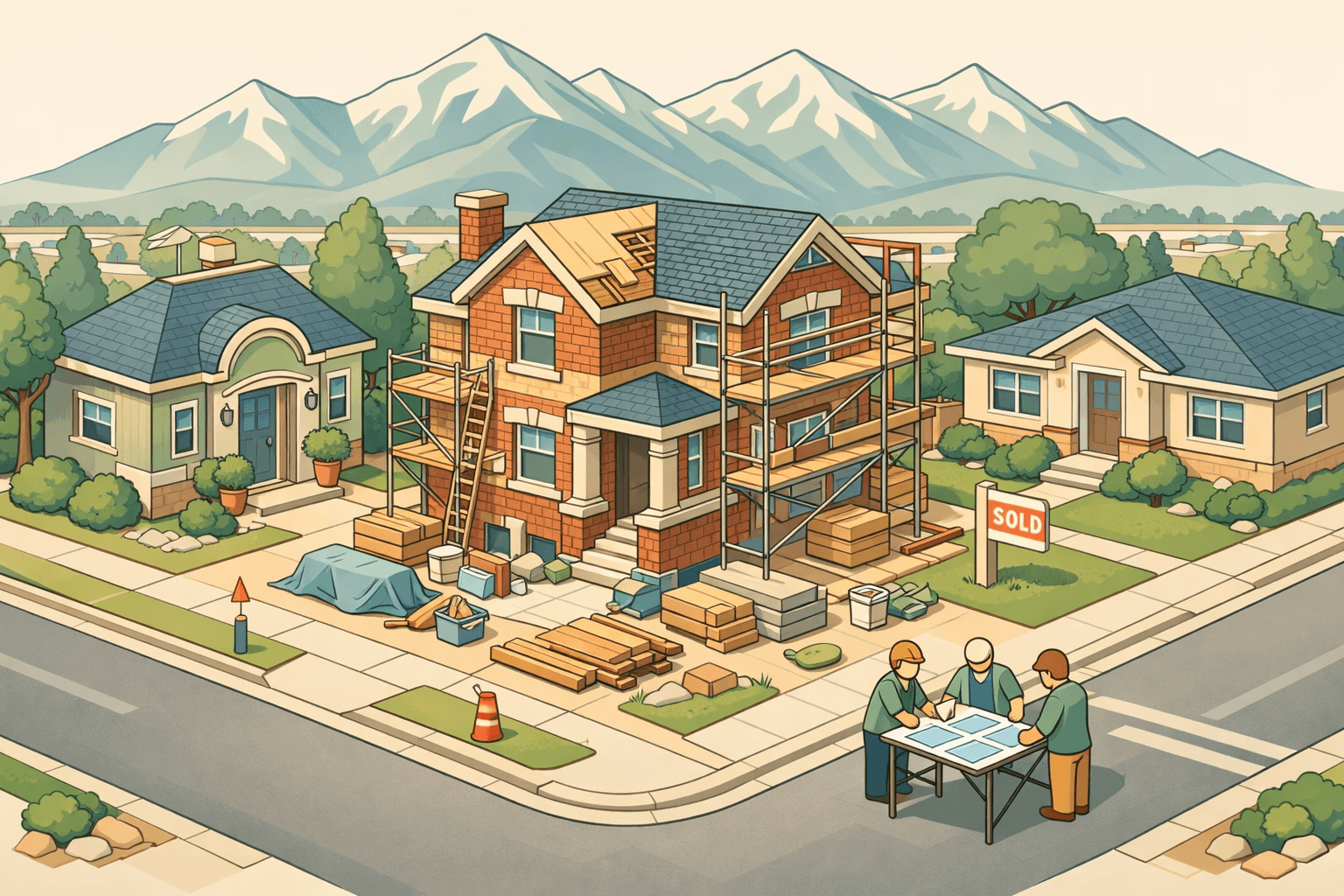 Isometric scene of a Utah neighborhood with a home under renovation, a small lending office, and investors reviewing plans with mountain peaks in the background.