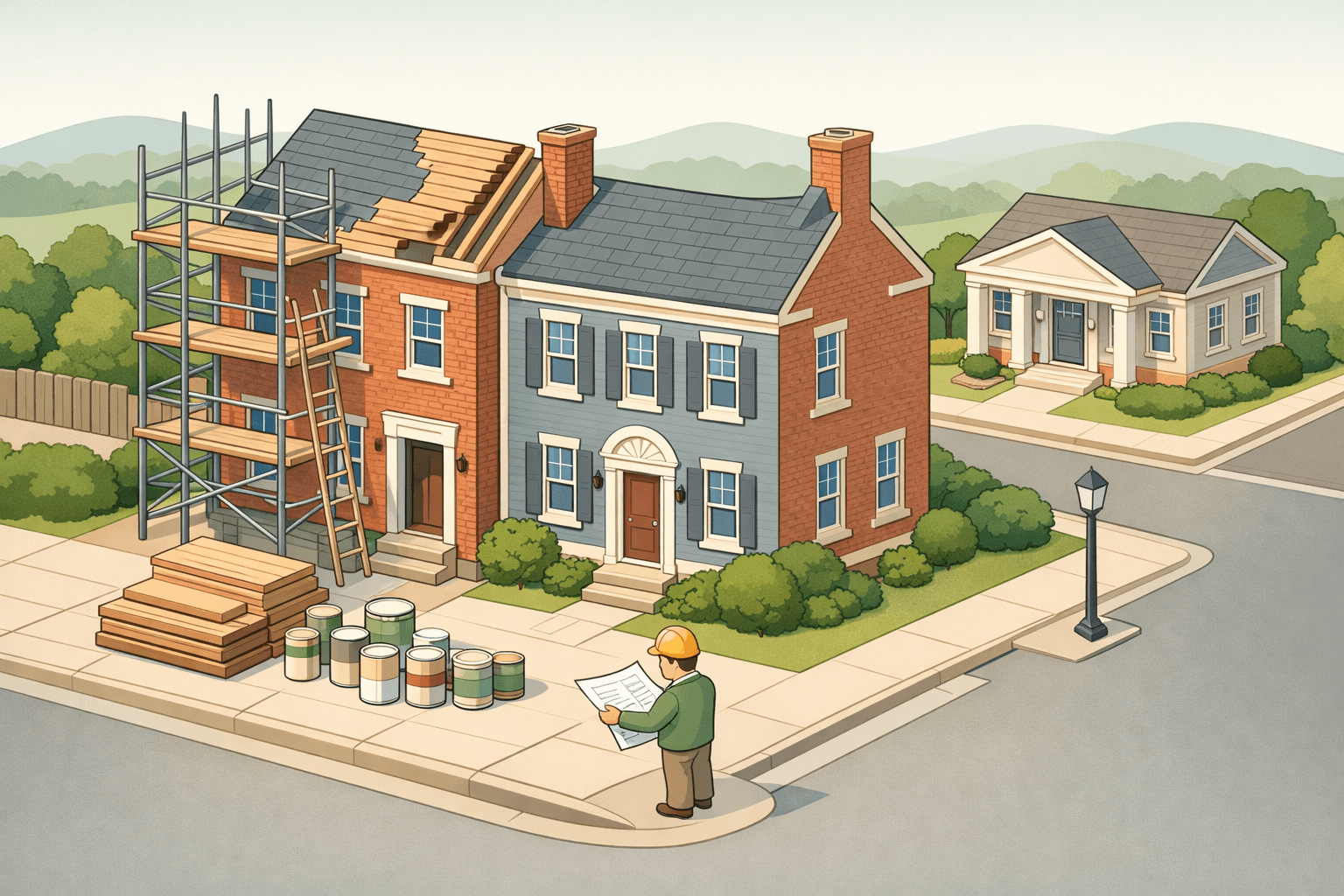 A Virginia brick townhouse under renovation next to a restored colonial home, with a small figure reviewing blueprints outside a local lending office.