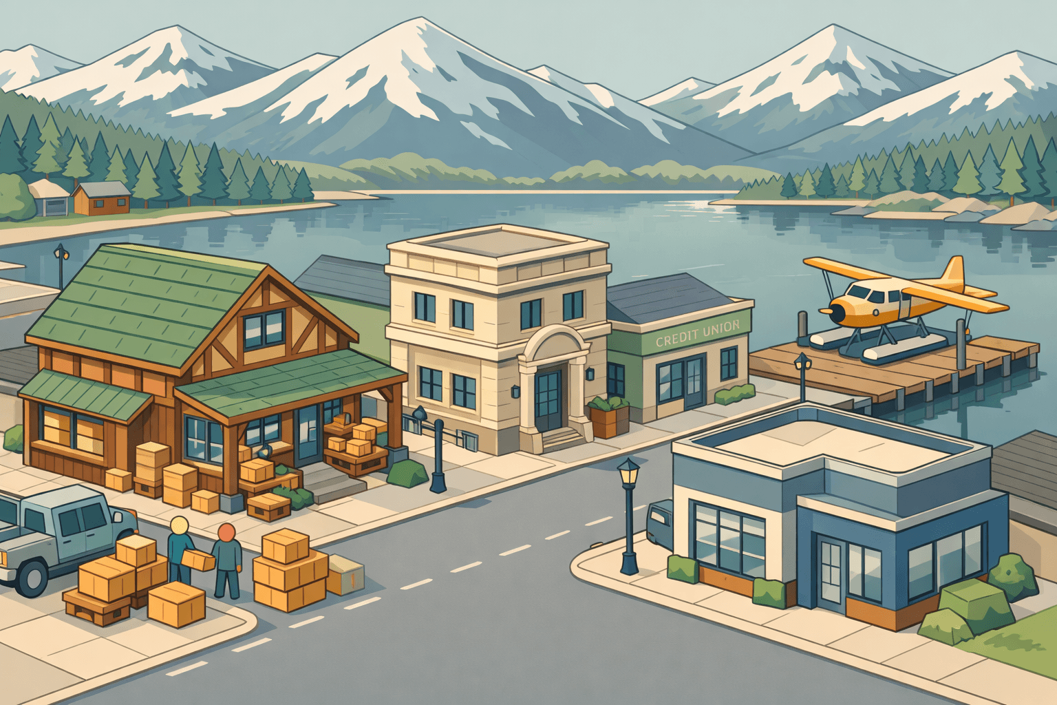 Isometric Alaska small business district with a general store, community bank, supply crates, and snow-capped mountains in the background.