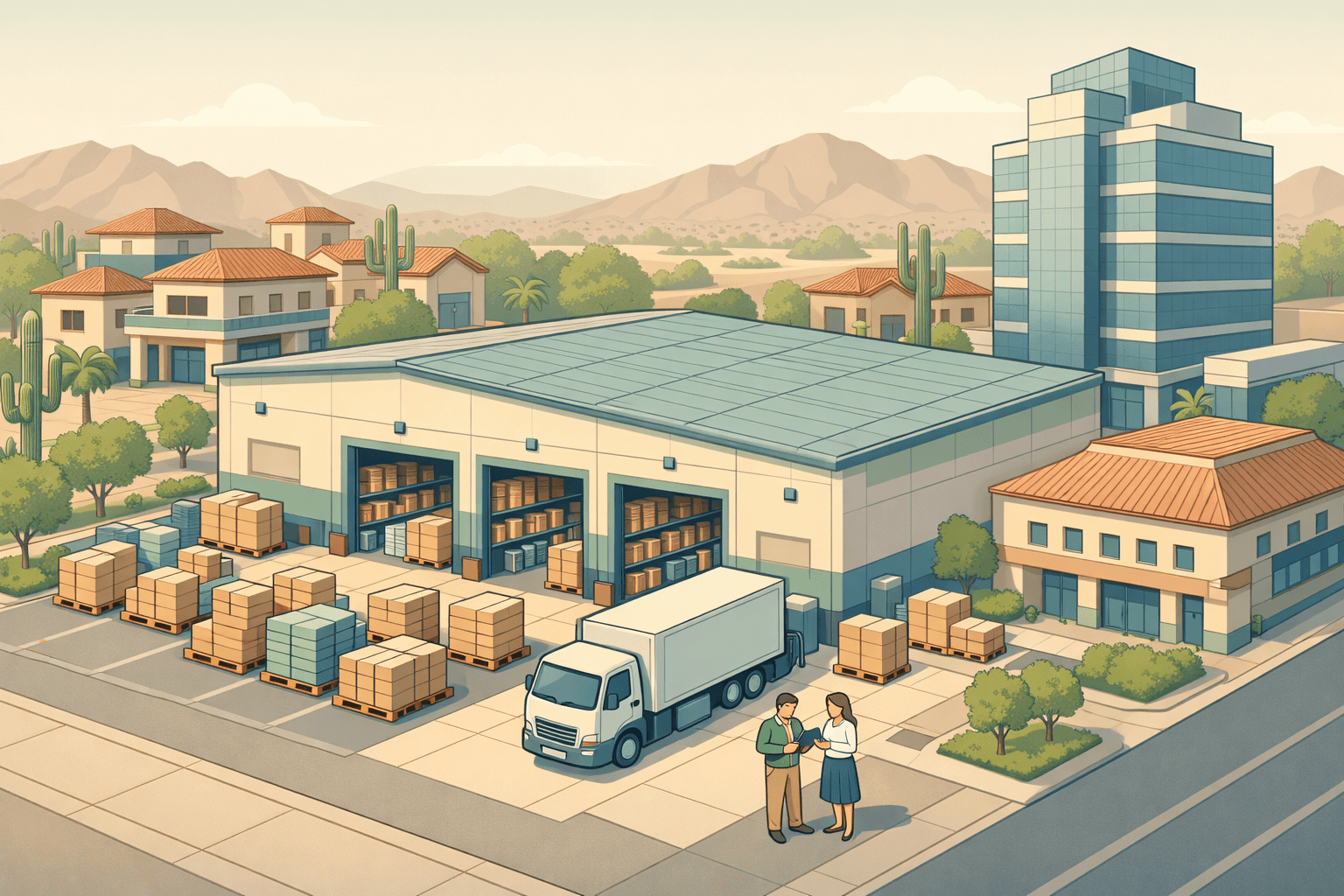 Isometric scene of an Arizona commercial district with a warehouse, stacked inventory pallets, small business figures, a bank building, and desert architecture.