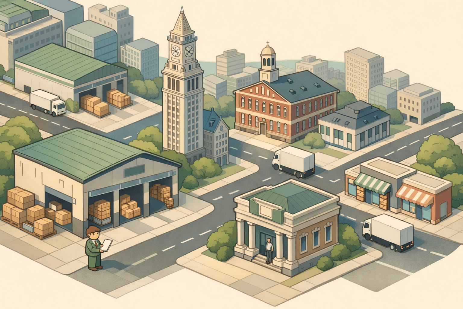 Isometric Boston cityscape with a warehouse, loading dock, inventory boxes, a small bank building, and delivery trucks connecting distribution and retail spaces.
