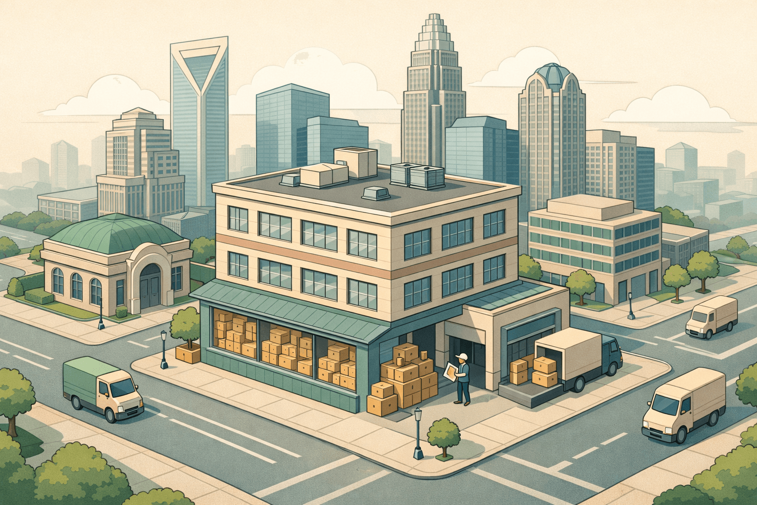 Isometric view of a Charlotte commercial district with a storefront warehouse, stacked inventory boxes, office towers, and a small figure reviewing stock at a loading dock.