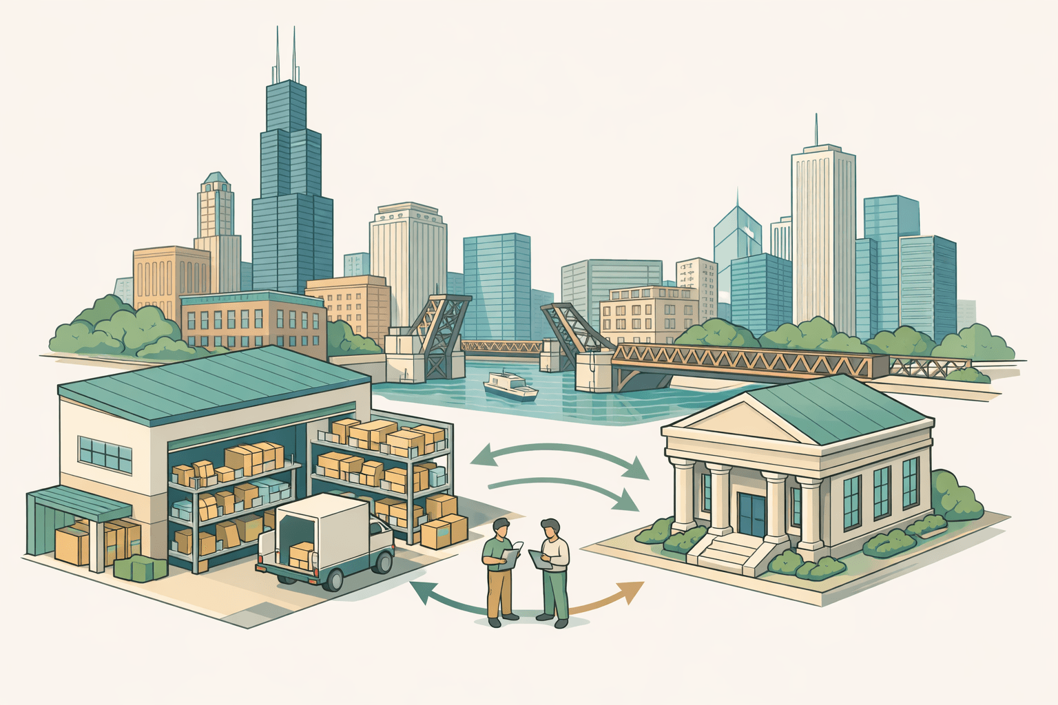 Chicago skyline behind a small business warehouse with inventory shelves, a nearby bank building, and small figures representing business owners reviewing stock.