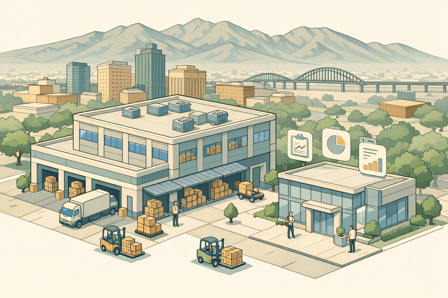 Isometric scene of an El Paso warehouse district with a community bank, inventory stacks, loading docks, and mountains in the background.