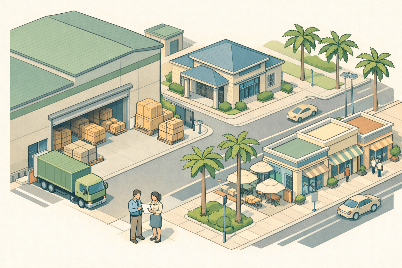 Isometric view of a Florida warehouse district with inventory pallets, a commercial bank, and small business storefronts along a palm-lined street.
