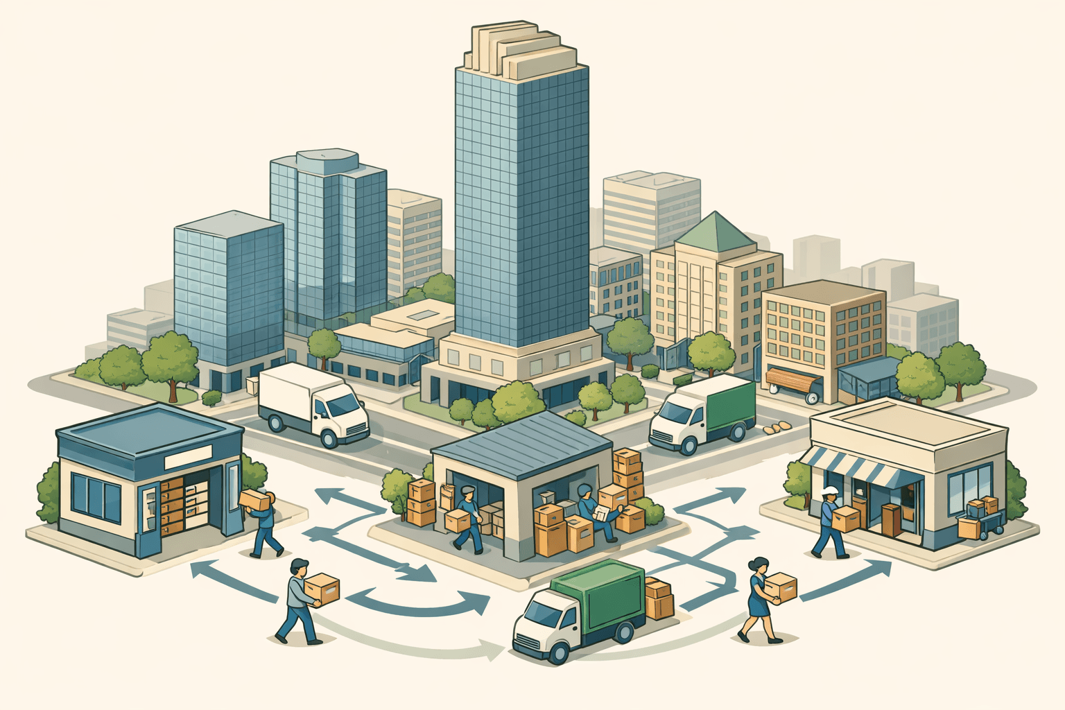 Isometric view of a Fort Worth business district with small shops, a lending office, warehouse buildings, and business owners moving inventory between storefronts.