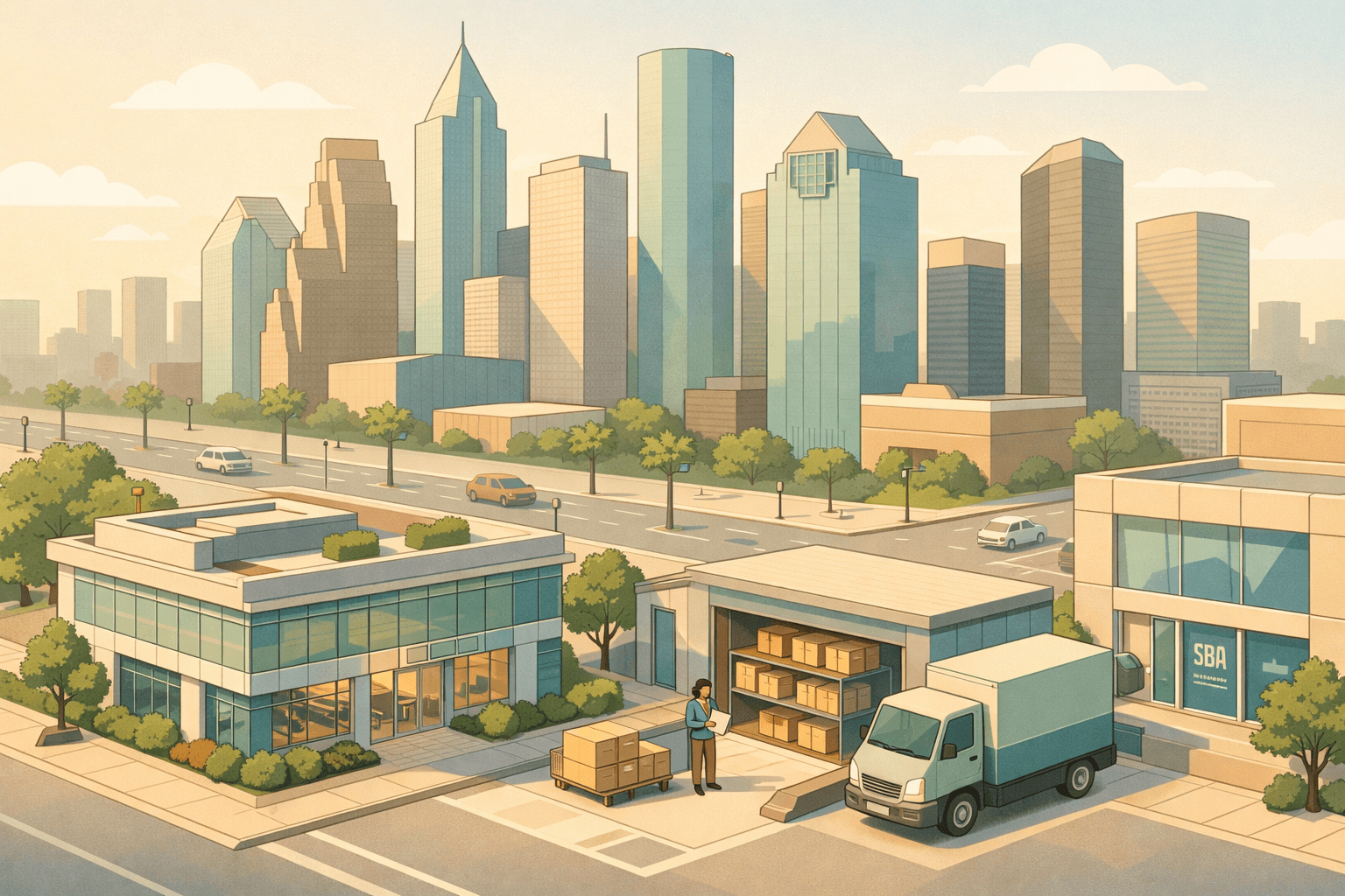 Isometric Houston street scene with a community bank, a small warehouse with stacked inventory boxes, and a business owner reviewing financing paperwork outside.