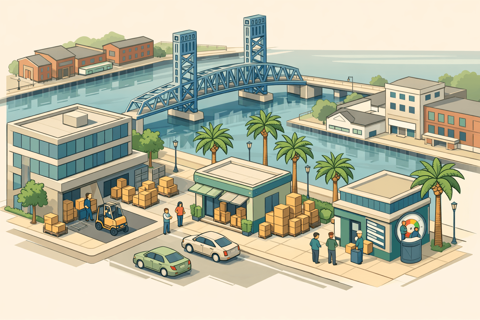 Isometric view of a Jacksonville commercial riverfront with warehouses, a bridge, and small figures managing inventory outside office and retail buildings.