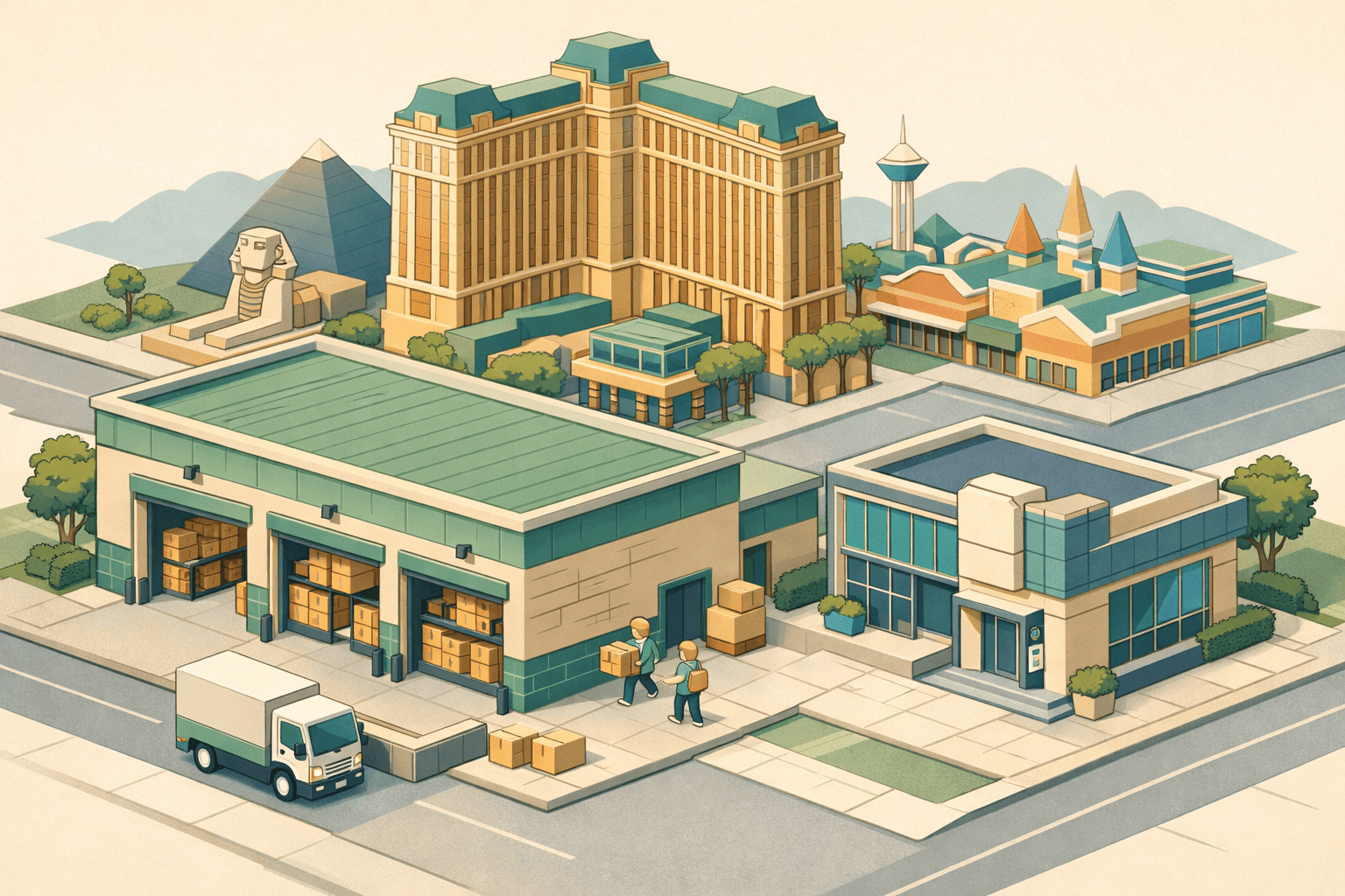 Isometric view of a Las Vegas commercial warehouse with stacked inventory, a nearby bank building, and small figures unloading a delivery truck.