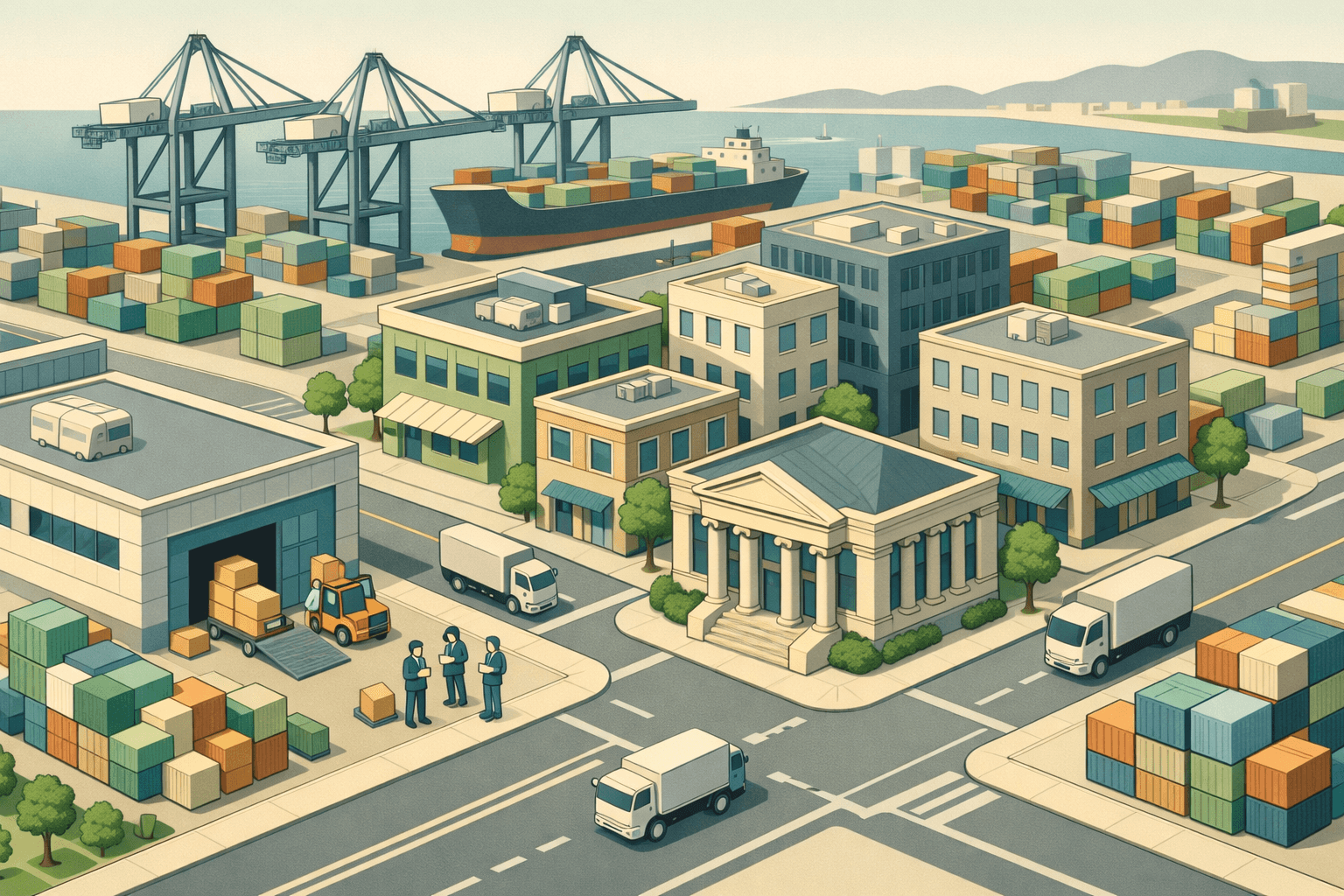 Isometric view of a Long Beach port district with container cranes, warehouses, a corner bank building, and small figures near a loading dock.