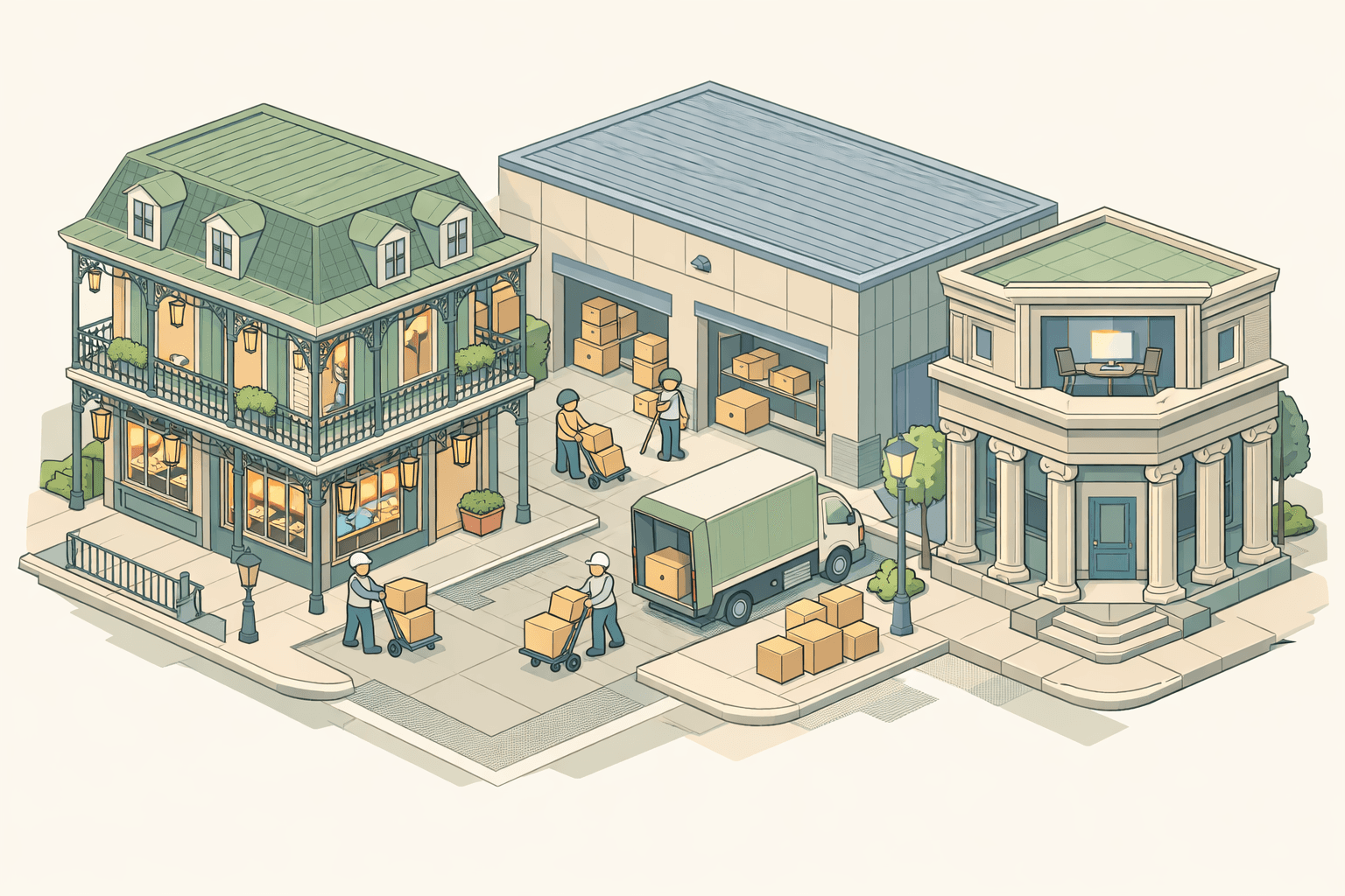 Isometric view of a Louisiana commercial street with a warehouse, historic storefront, and small figures moving inventory boxes near a corner bank building.