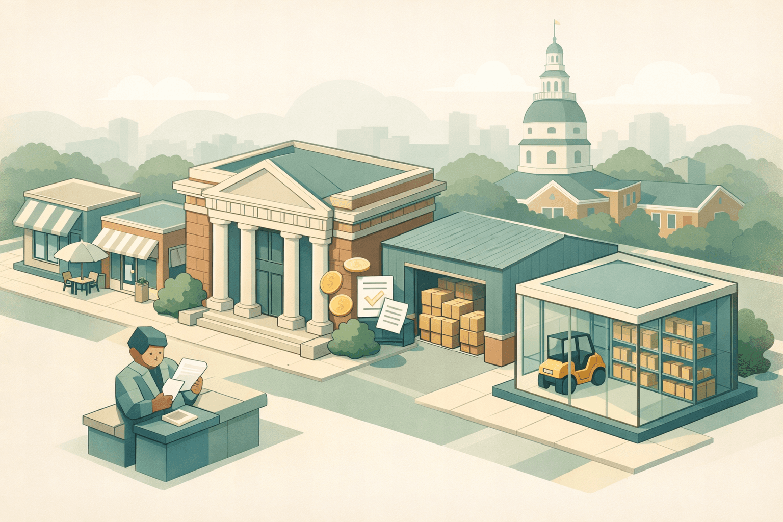 Isometric illustration of a Maryland commercial street with a brick bank, inventory warehouse, and small business storefront showing lending and stocking activity.