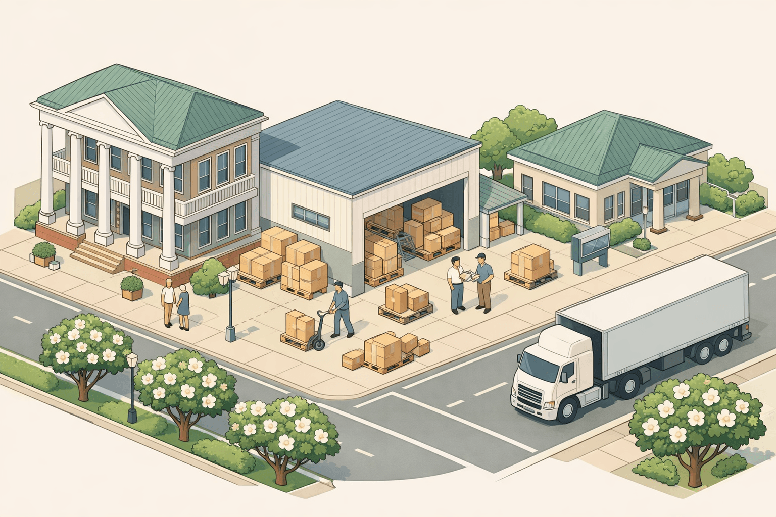 Isometric scene of a Mississippi business district with a historic commercial building, warehouse with inventory pallets, a community bank, and a delivery truck.