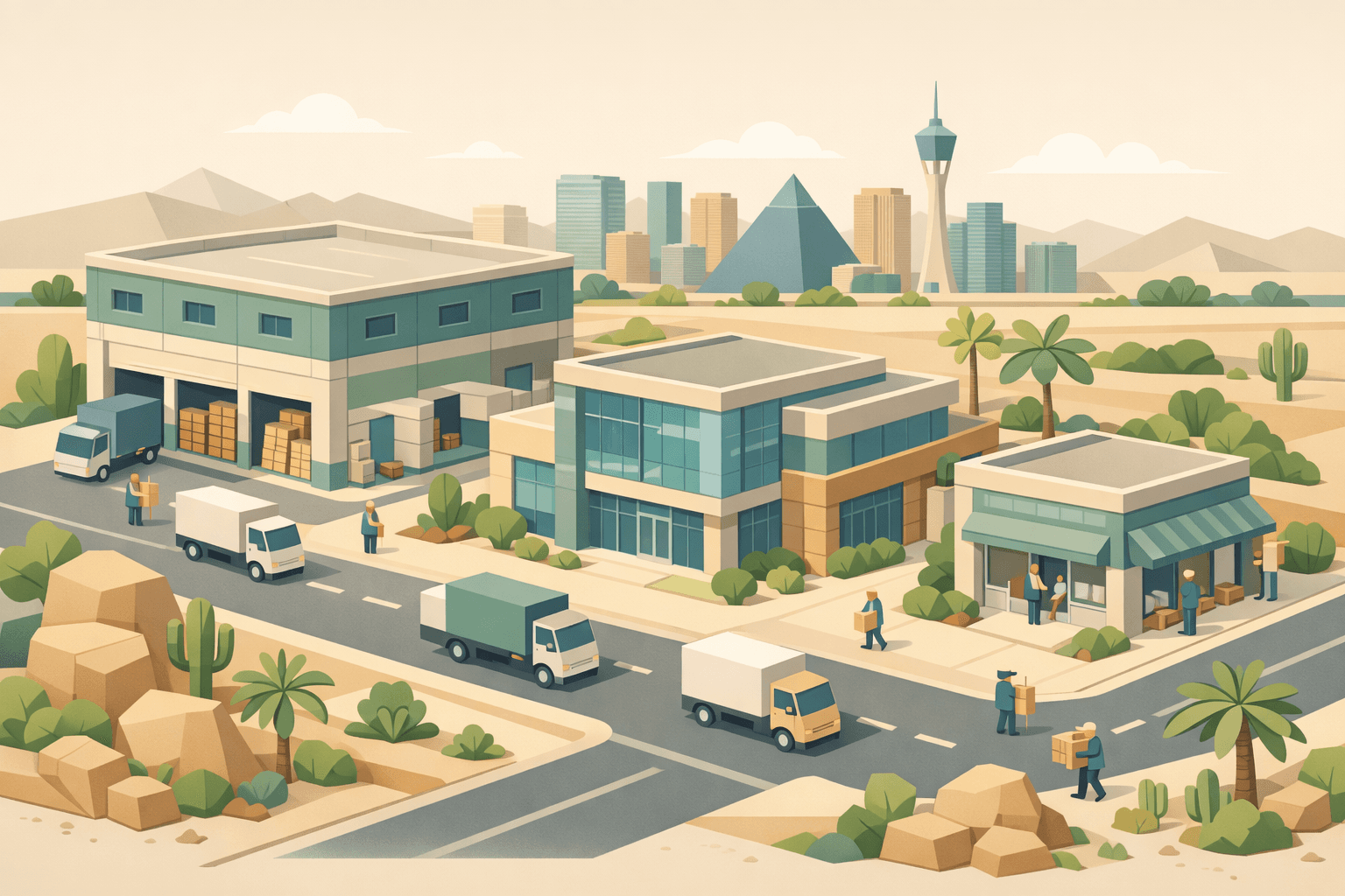 Isometric view of a Nevada commercial district with a warehouse, bank building, and small business offices connected by roads with delivery trucks.