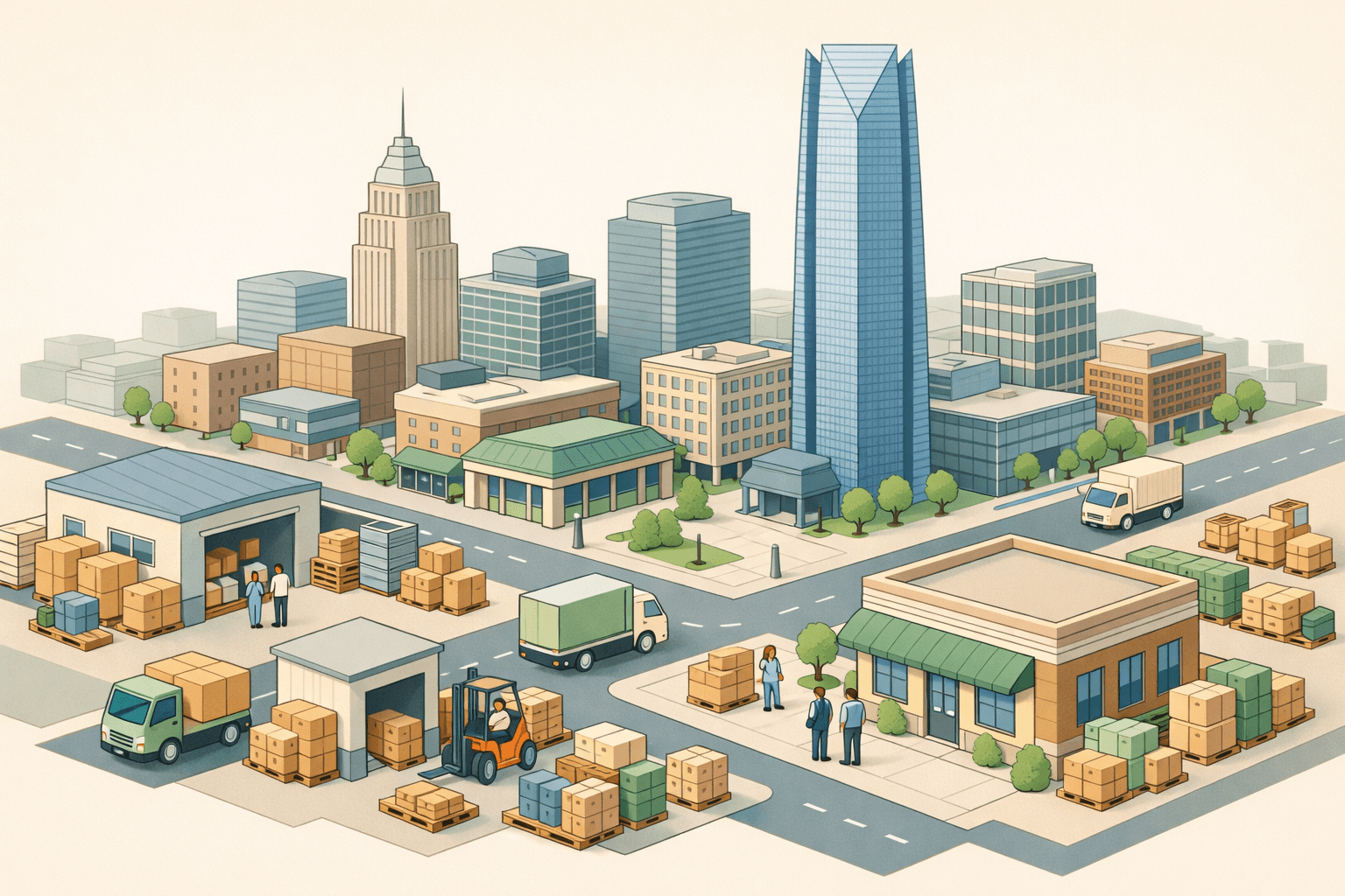 Isometric view of Oklahoma City downtown with warehouses, a community bank, small business figures reviewing inventory, and delivery trucks on surrounding streets.