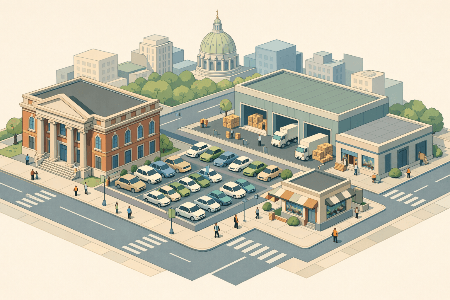 Isometric city scene showing a Pennsylvania bank, car dealership, warehouse, and retail store representing inventory financing across business types.