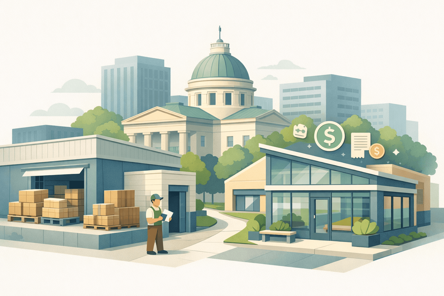 Isometric scene of a Raleigh warehouse and storefront with stacked inventory boxes, a small business owner, and a nearby lending office building.