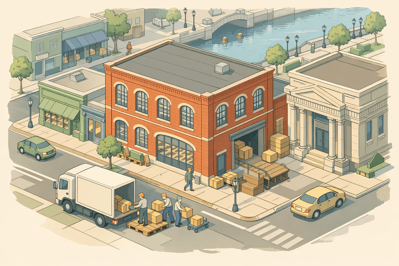 Isometric scene of a Rhode Island small business district with a brick warehouse, bank branch, storefronts, and figures loading inventory boxes near a canal.