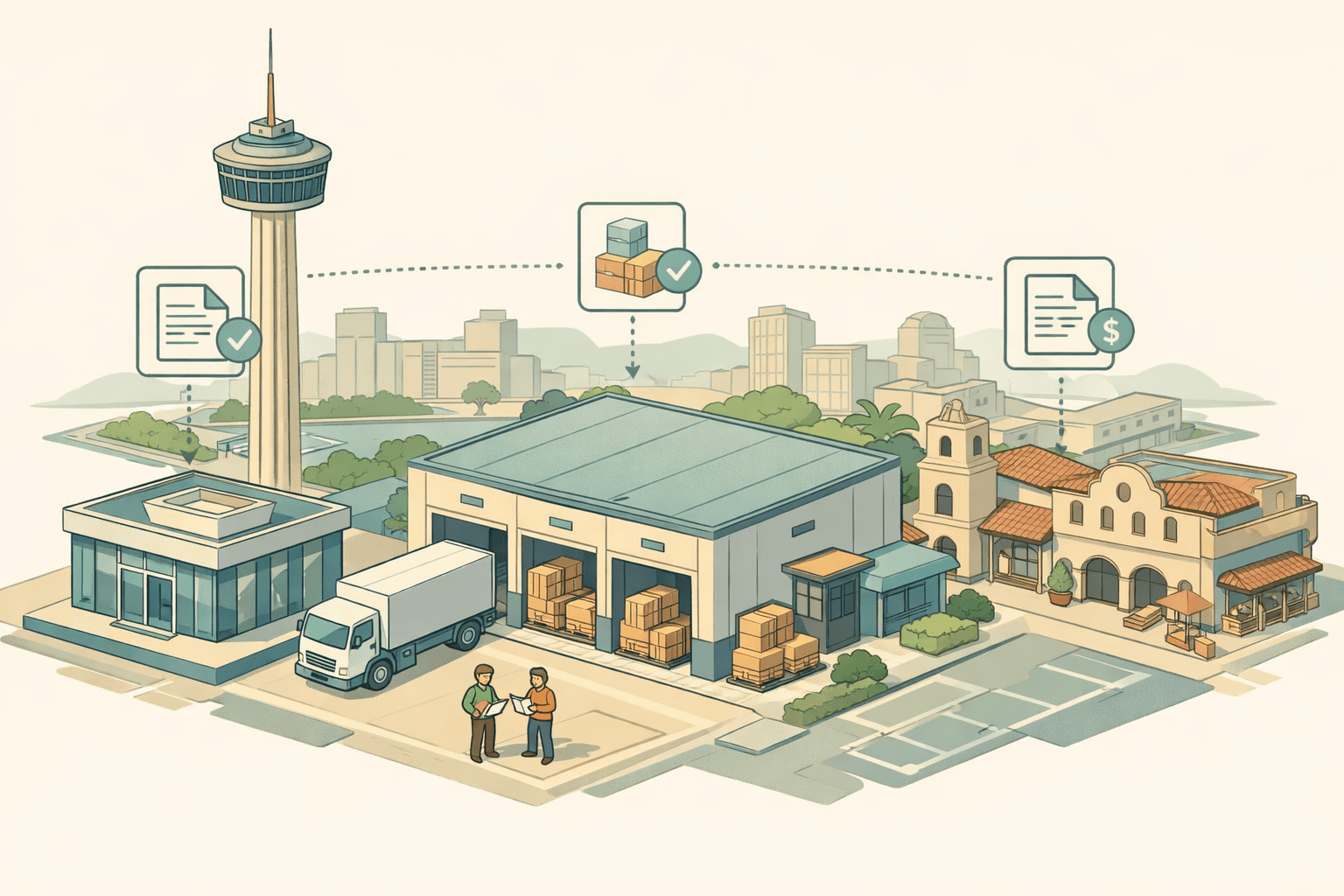 Isometric San Antonio cityscape with a warehouse full of inventory, a nearby bank branch, and small business owners managing stock and loan documents.