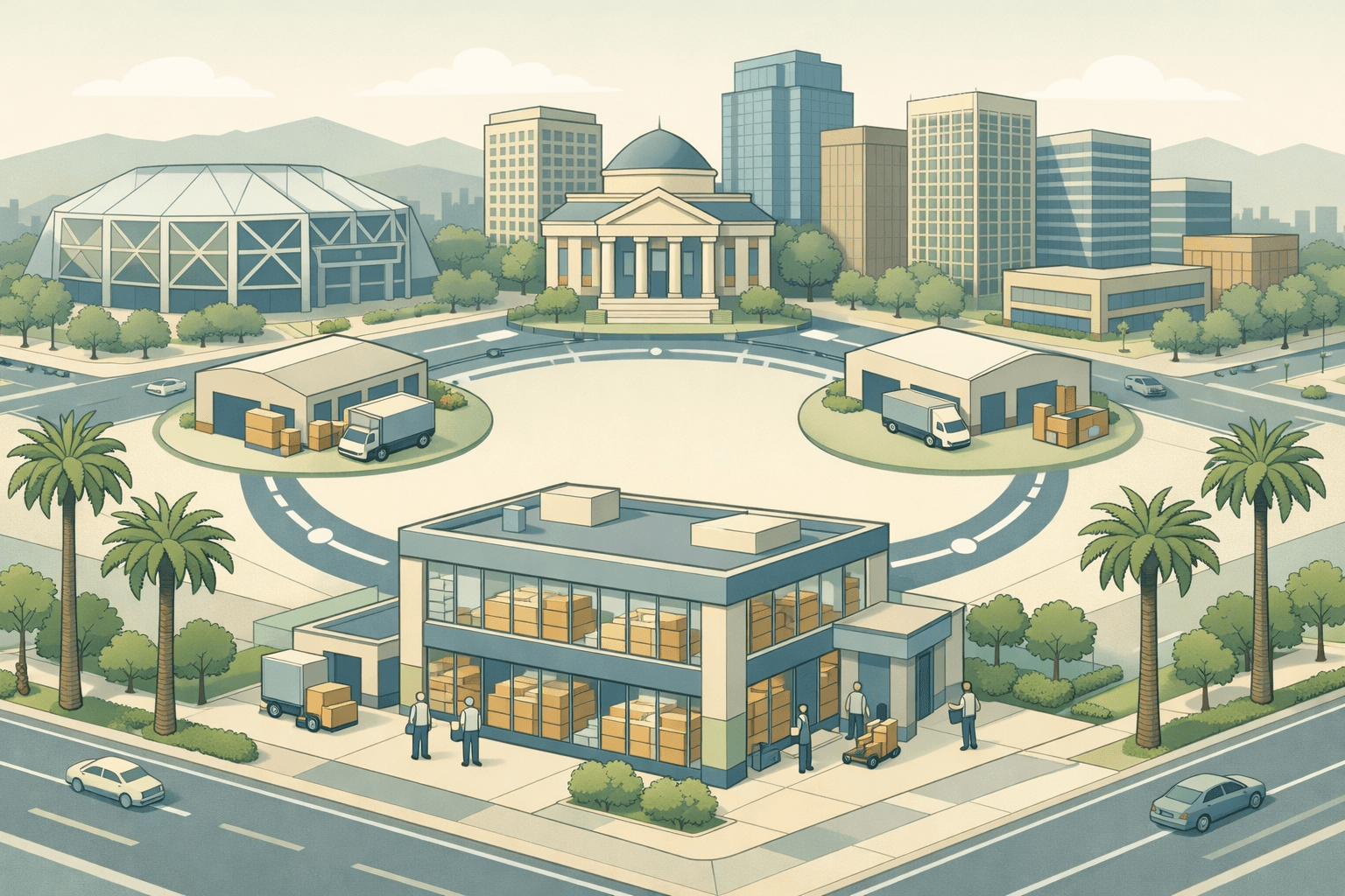 Isometric city scene of San Jose with a commercial lending office, inventory warehouse buildings, and small figures representing business borrowers.