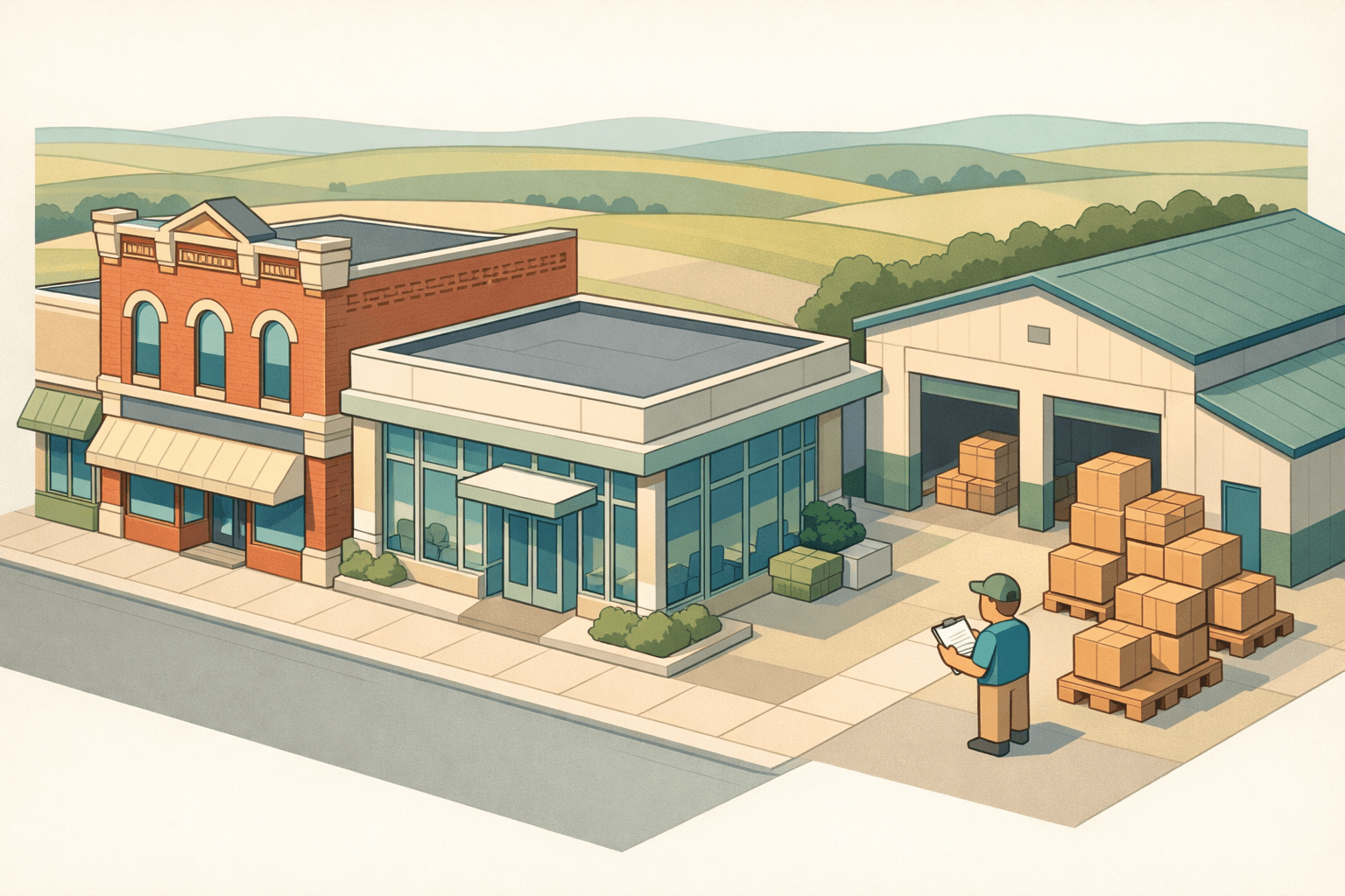 Isometric illustration of a South Dakota main street with a brick storefront, community bank, and warehouse with inventory crates outside.