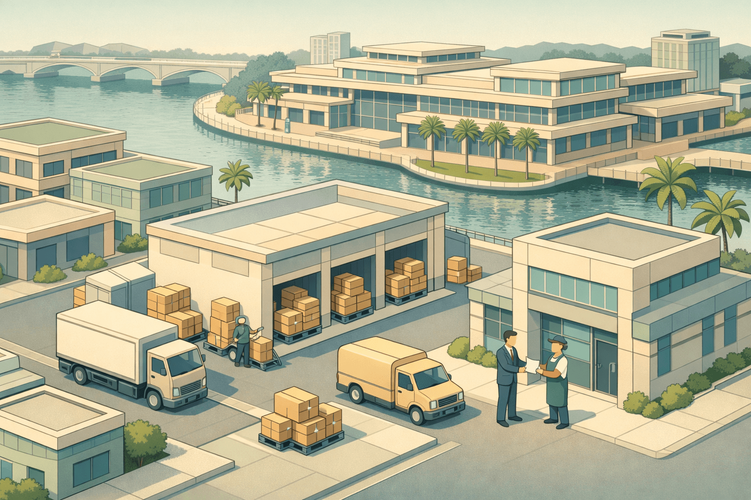 Isometric scene of a Tampa waterfront business district with a warehouse, inventory boxes, small figures exchanging financing documents, and delivery trucks.