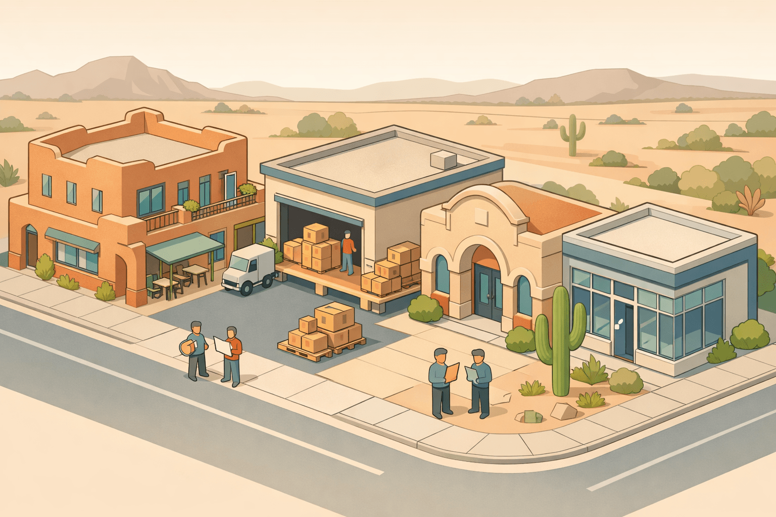 Isometric scene of a Tucson commercial district with a Southwestern warehouse, inventory boxes, a bank branch, and small business storefronts.