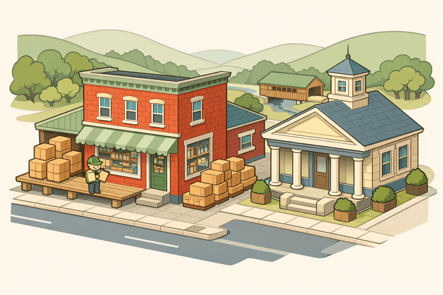 Isometric Vermont town scene with a brick storefront, inventory boxes on a loading dock, a community bank building, and green hills in the background.