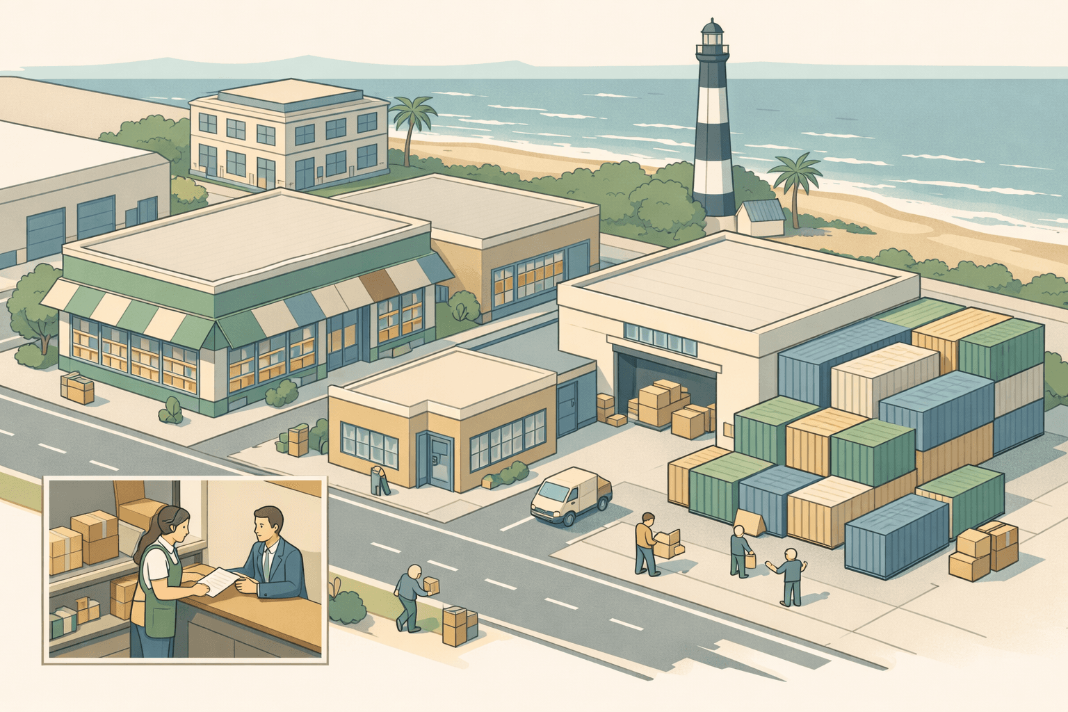 Isometric scene of Virginia Beach commercial storefronts and a warehouse district with inventory shelves, shipping containers, and small business figures.