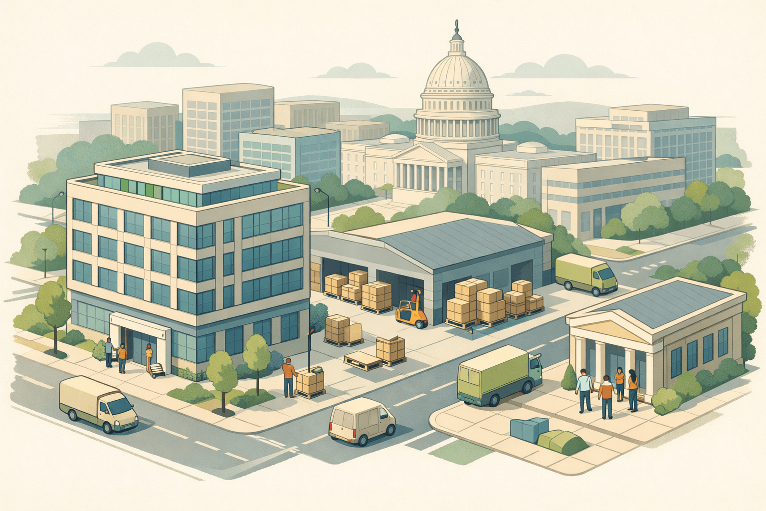Isometric scene of a Washington DC commercial district with a business lending office, warehouse with inventory, and small figures managing shipments.