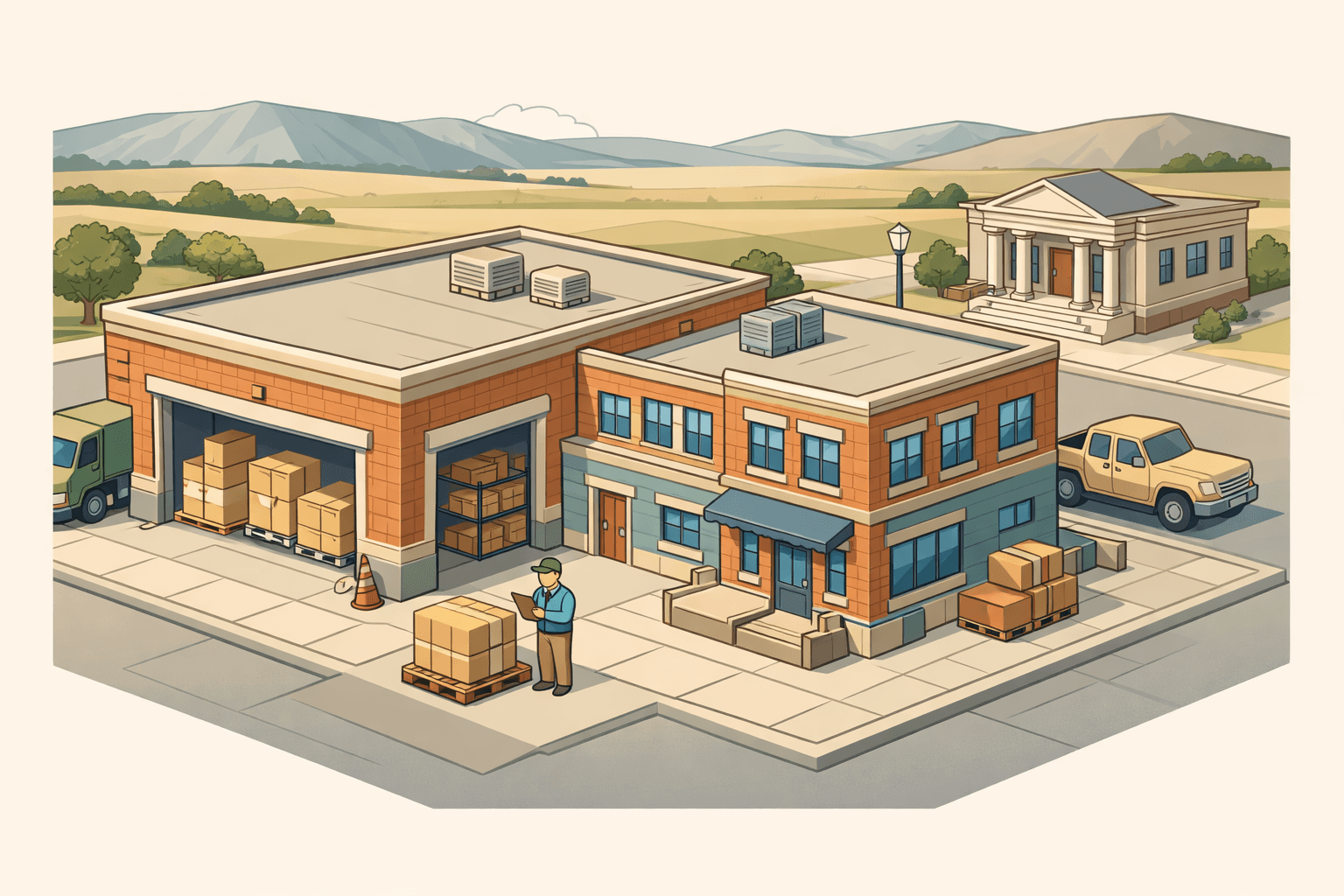 Isometric view of a Wyoming small business warehouse district with storefront buildings, stacked inventory, and a business owner near a loading dock.