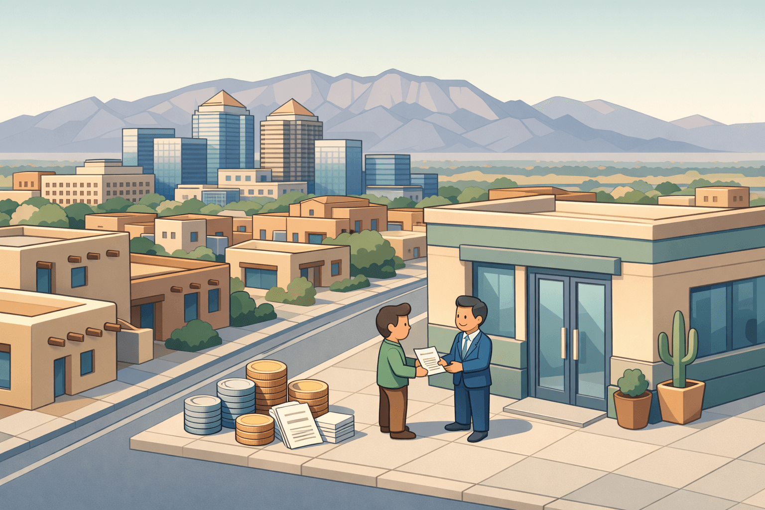 Isometric scene of Albuquerque business buildings with small figures exchanging invoices outside a financial office, Sandia Mountains in the background.