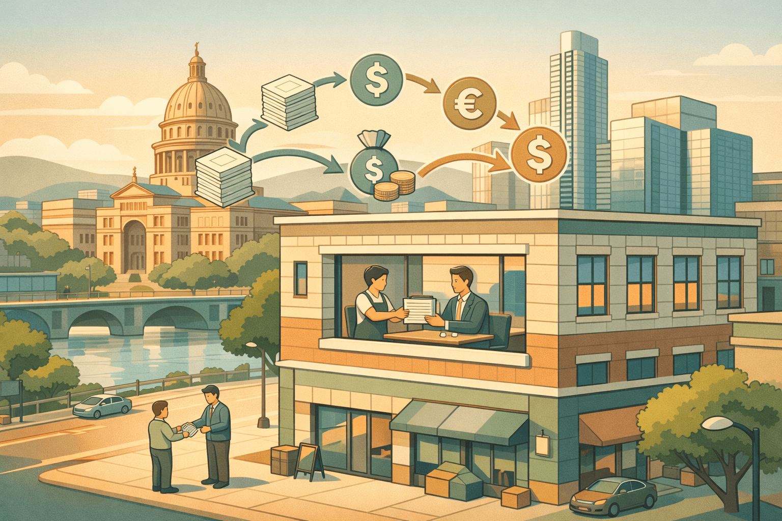 Isometric view of Austin office buildings with small figures exchanging invoices and cash, representing local invoice factoring activity for small businesses.