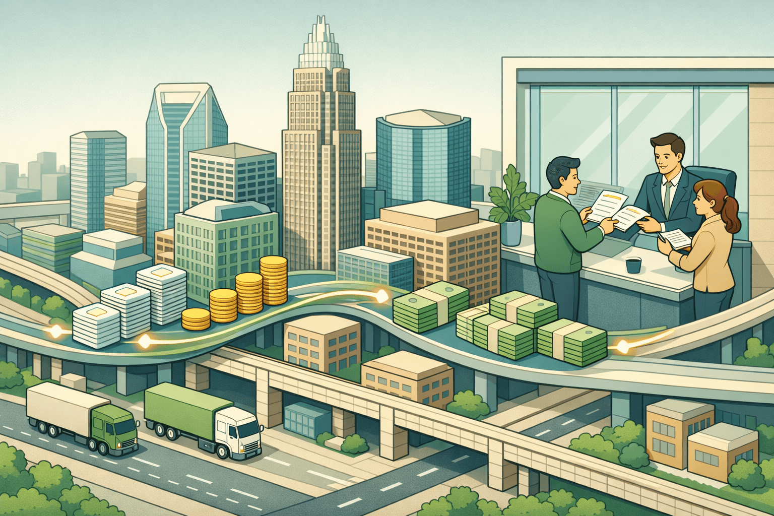 Isometric view of Charlotte business district with small figures exchanging invoices at office buildings and freight trucks on street level below.