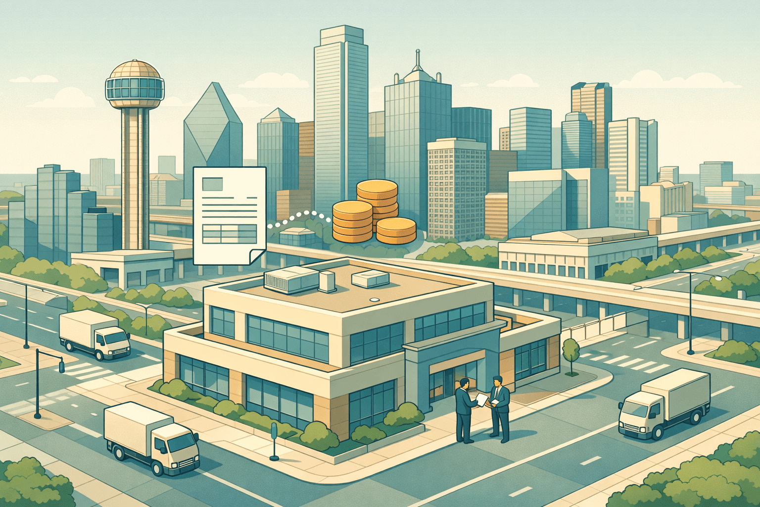 Isometric Dallas skyline with office buildings, a floating invoice and coins representing factoring, and small figures exchanging business documents on a city street.