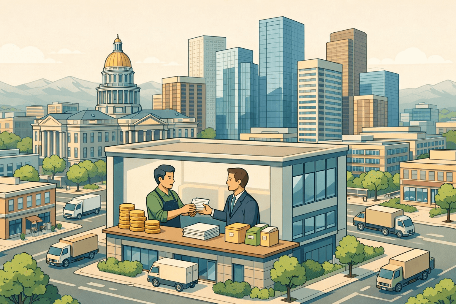 Isometric scene of Denver office buildings with a small business owner exchanging invoices for working capital at a lending counter on a city street.
