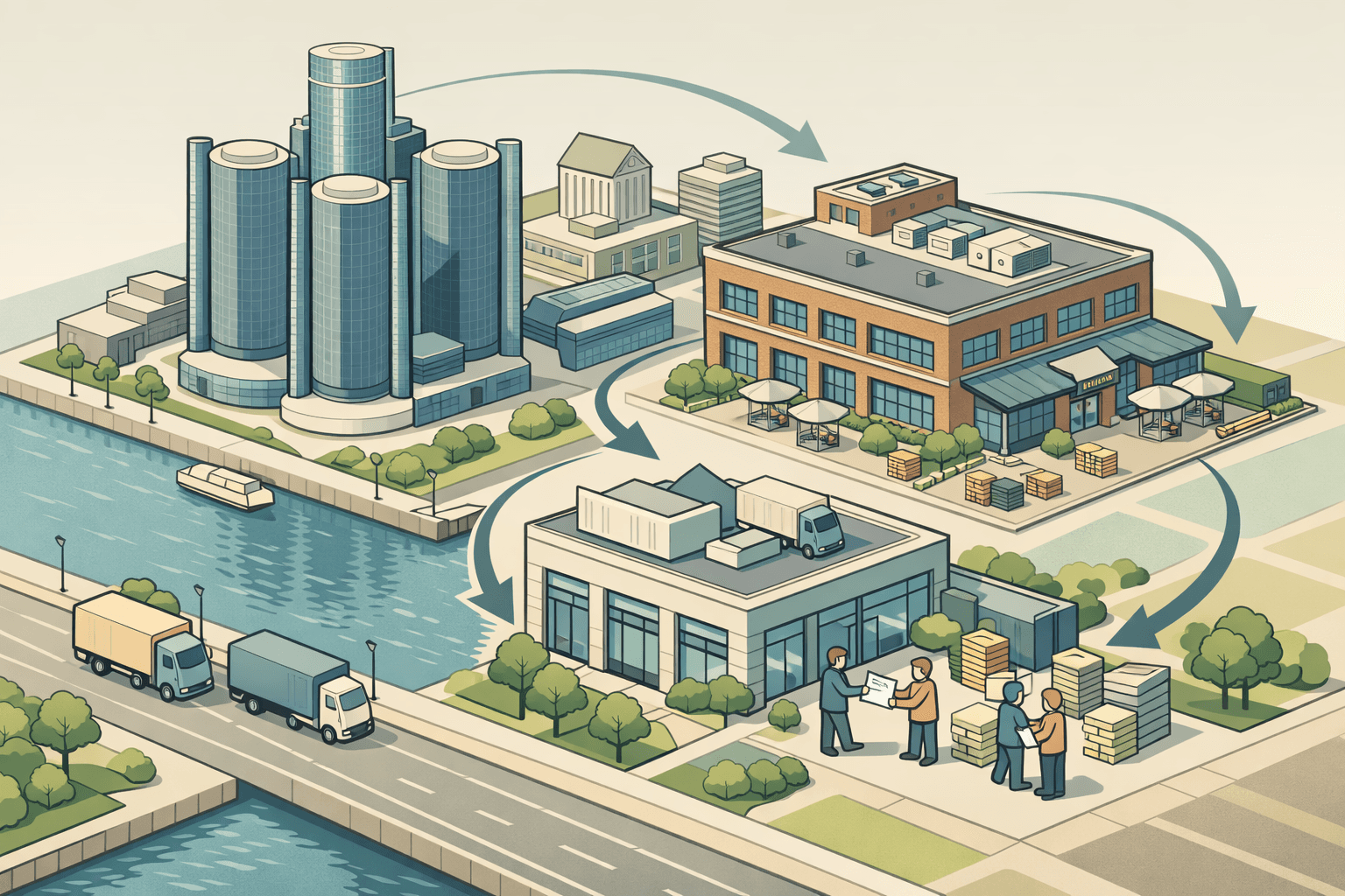 Isometric Detroit skyline with the Renaissance Center, small business offices, and tiny figures exchanging invoices near delivery trucks along a riverside street.