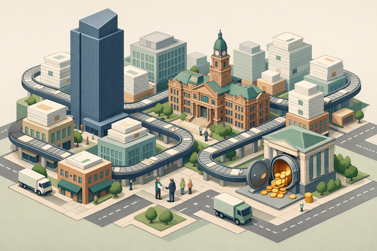 Isometric view of Fort Worth skyline with office buildings, invoices, and small business figures representing local invoice factoring activity.