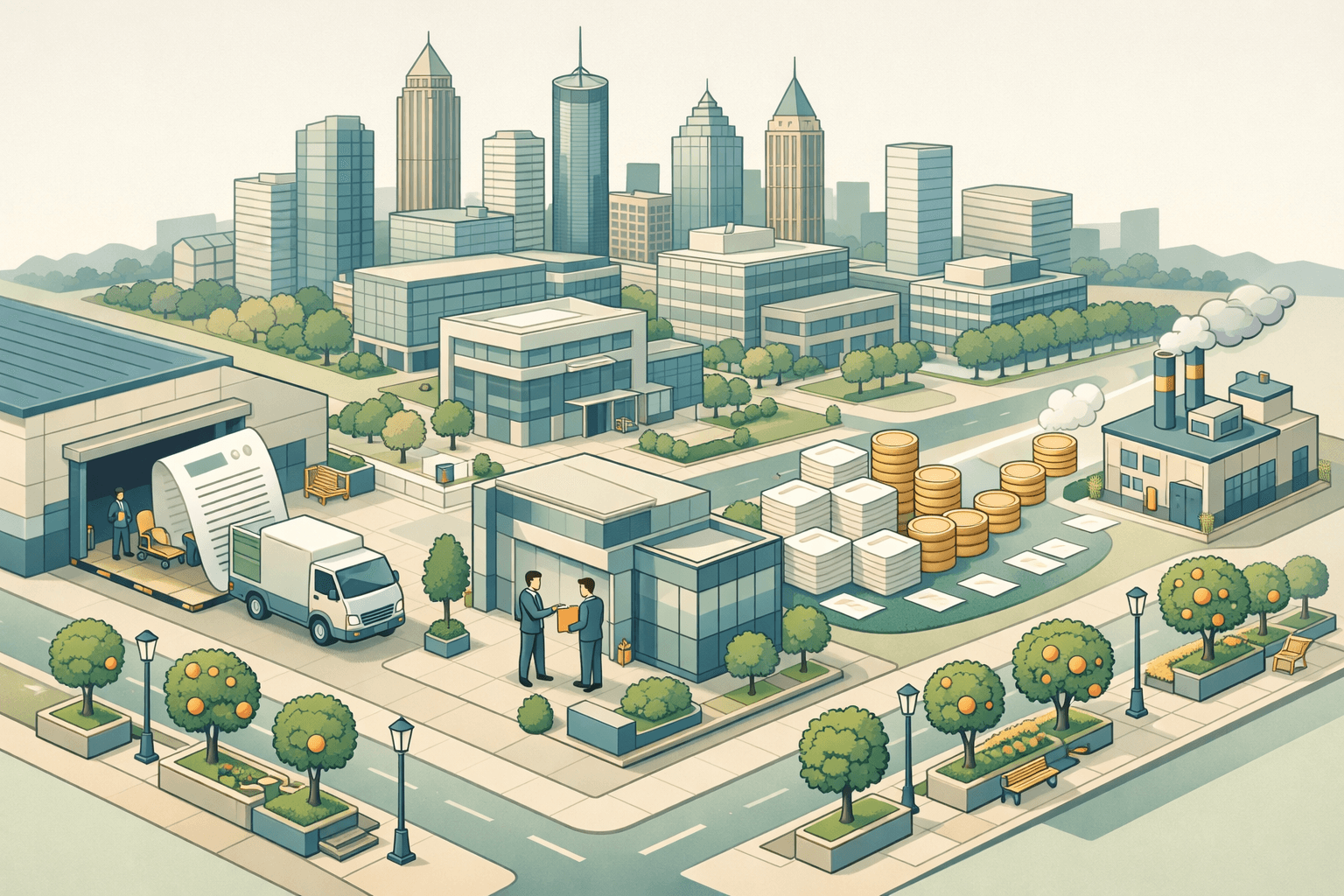 Isometric Atlanta business district with office towers, a warehouse, tiny figures exchanging invoices, and coins flowing toward a small factory building.