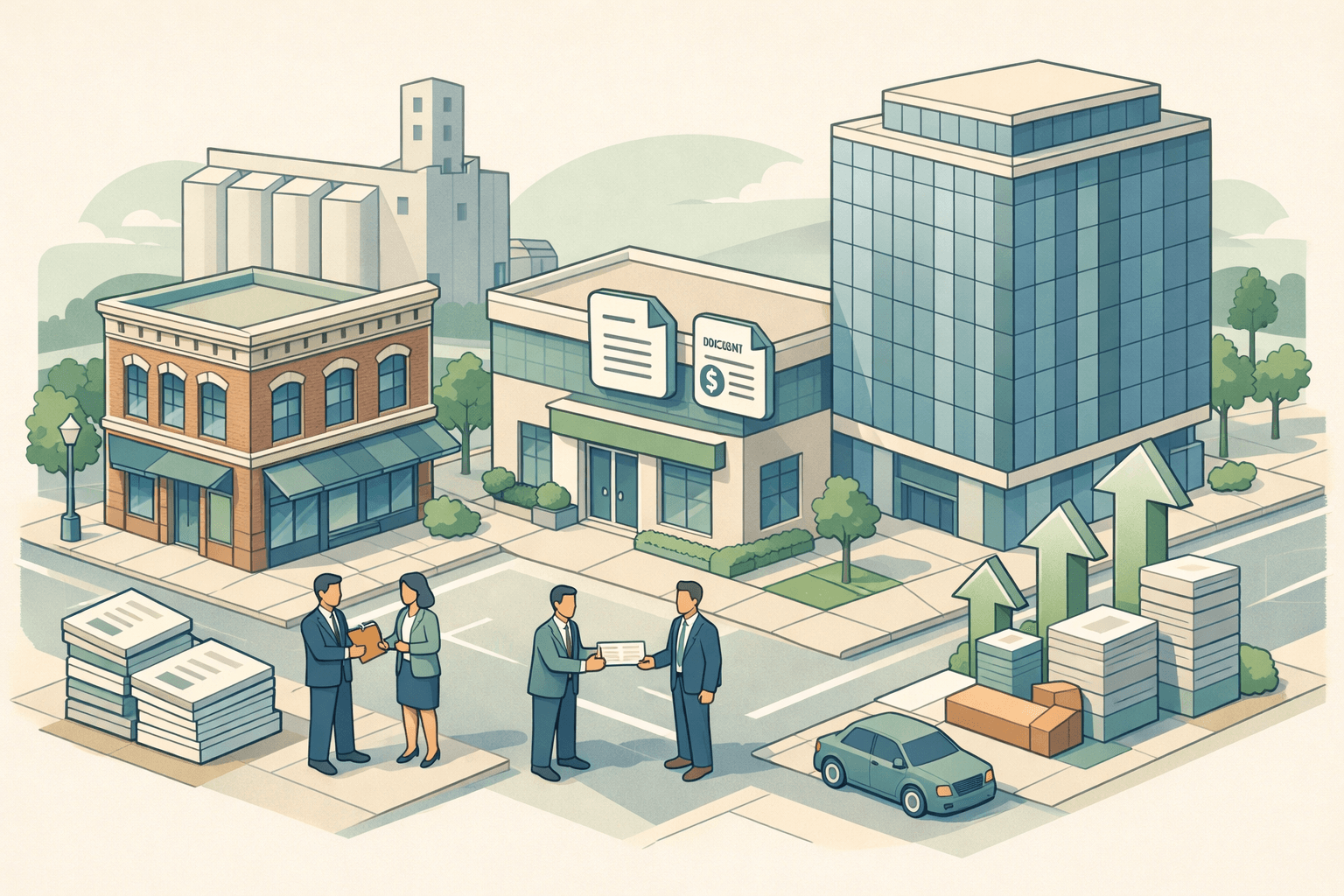 Isometric scene of an Iowa business district with commercial buildings, a factoring office, and small figures exchanging invoices on the street.