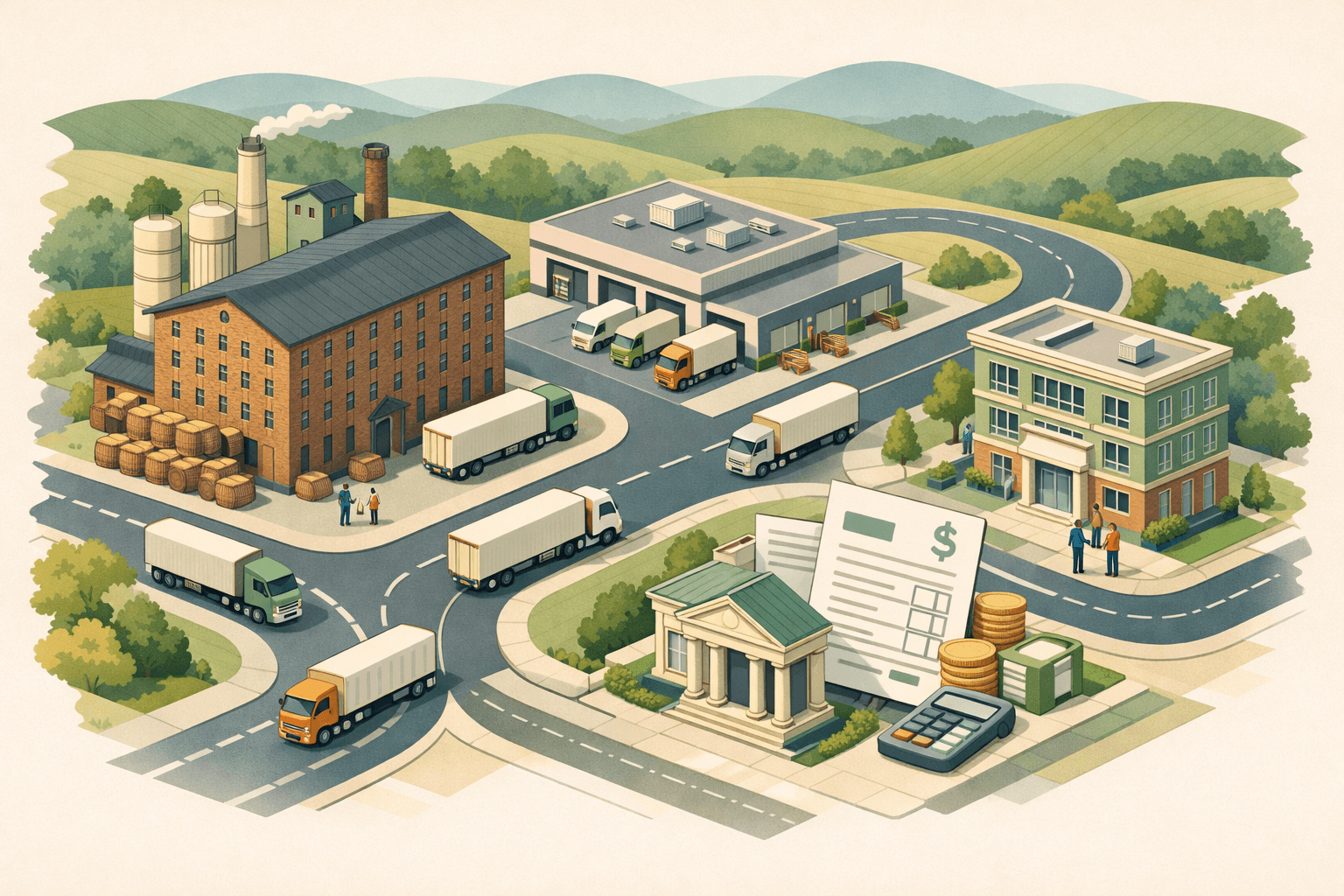 Isometric scene of a Kentucky city with a distillery, logistics hub, and small business offices representing invoice factoring activity for local businesses.