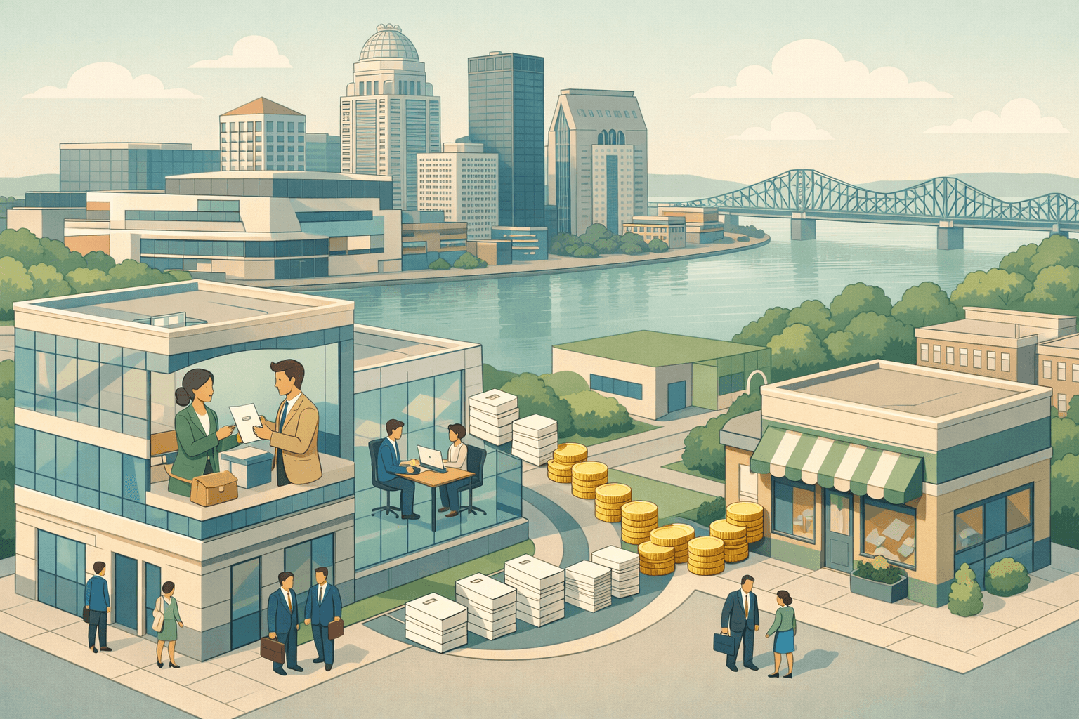 Isometric scene of Louisville business district with small figures exchanging invoices near a financial office, coins flowing from documents into a storefront.