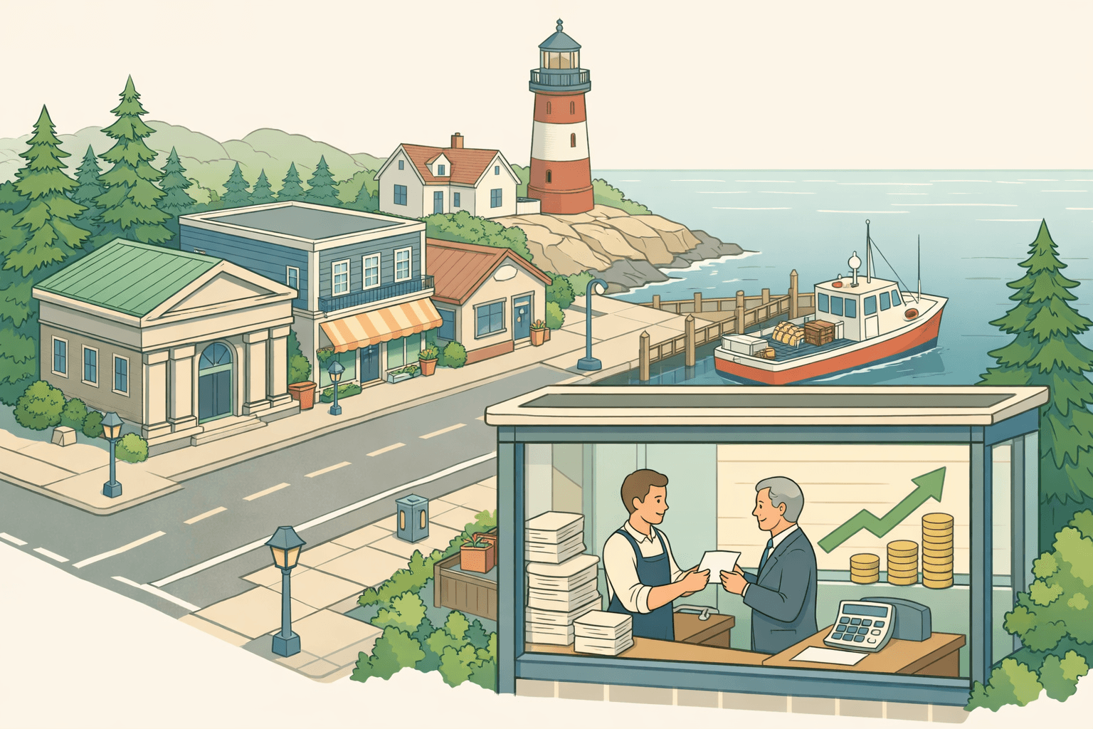 Isometric illustration of a Maine coastal business district with a lighthouse, waterfront offices, and a small business owner exchanging invoice documents with a lender.