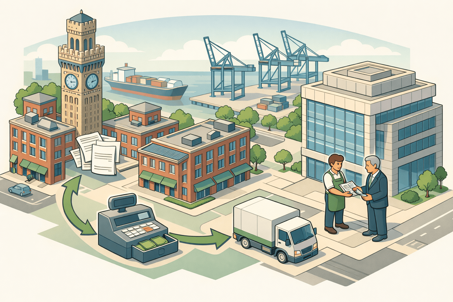 Isometric illustration of Baltimore business district with a small business owner exchanging invoices for working capital outside a commercial finance office.