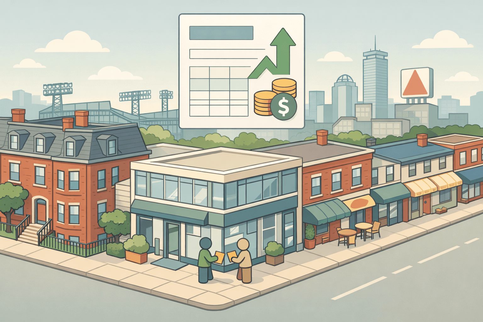Isometric Boston street scene with brick buildings and a commercial finance office, small figures exchanging invoice documents representing business factoring.