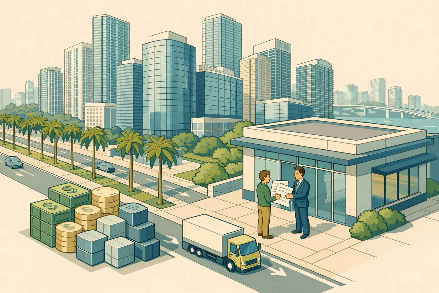 Isometric scene of Miami office towers with a small business owner exchanging invoice documents outside a commercial lending office on a palm-lined street.