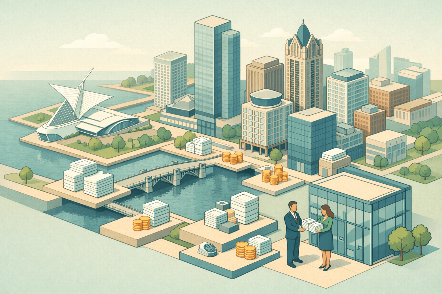 Isometric view of Milwaukee skyline with small figures exchanging invoice documents outside a financial office building near a river canal.